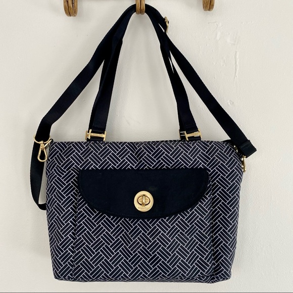 Baggallini Black & Grey Crossbody Tote Bag Canvas Geo Design